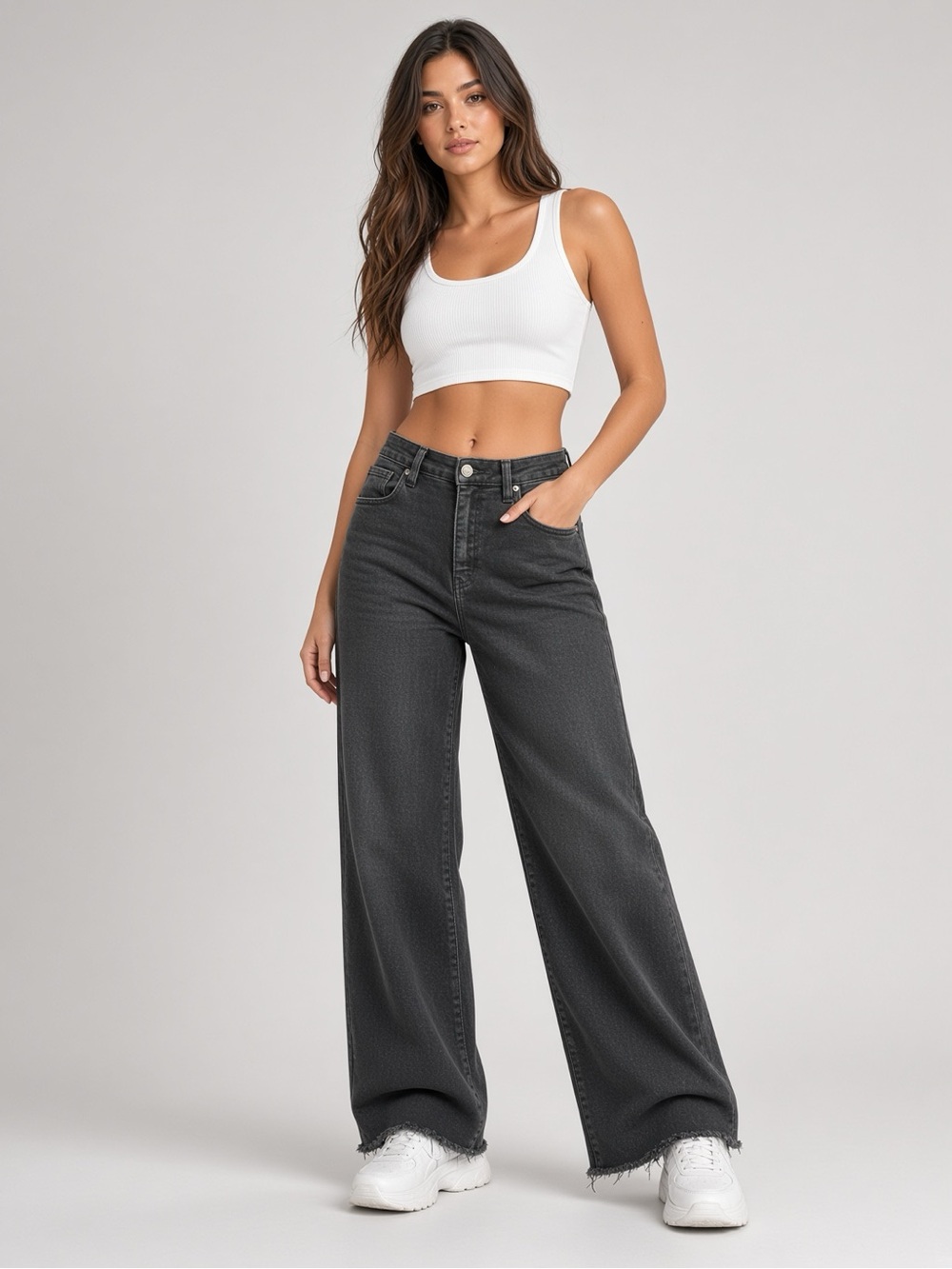 Black Label Wide-Leg High-Rise Jeans - Charcoal Gray